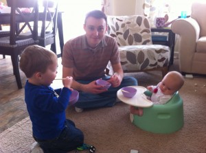 Everyone eating a "meal" Ethan prepared.