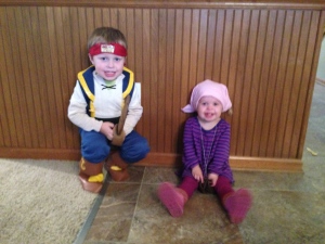 Jake and Izzy on halloween.  We had a great time trick or treating with neighbors then watching Charlie Brown while eating candy!